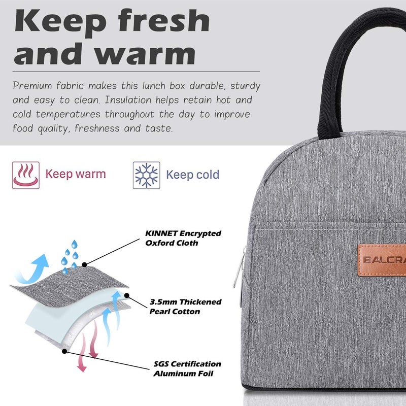 BALORAY Lunch Bag for Women Men Insulated Lunch Box for Adult Reusable Lunch Tote Bag for Work, Picnic or Travel (Grey) - Image 3